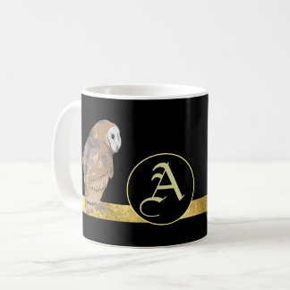 Owl black background gold bar monogram  coffee mug