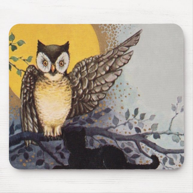 Owl Black Cat Full Moon Tree Night Mouse Pad (Front)