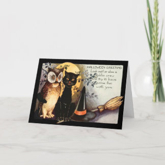 Owl Black Cat Full Moon Witch's Hat Broom Card