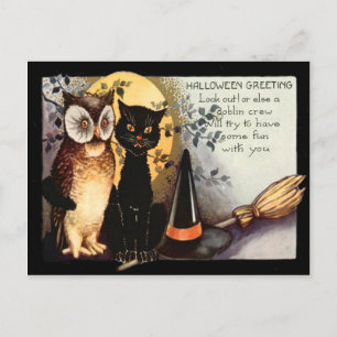 Owl Black Cat Full Moon Witch's Hat Broom Postcard