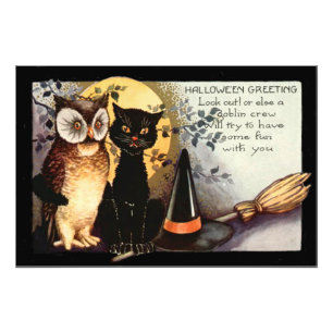 Owl Black Cat Full Moon Witch's Hat Photo Print
