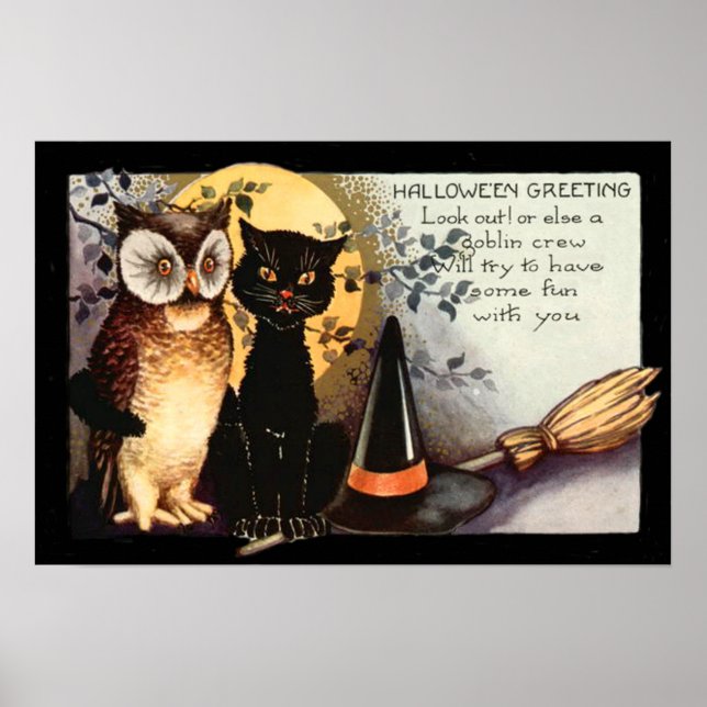 Owl Black Cat Full Moon Witch's Hat Poster (Front)