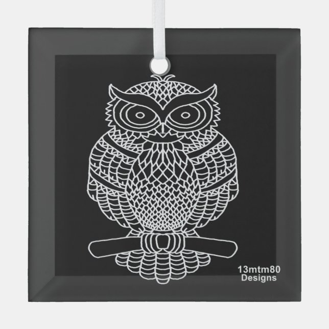 Owl (black square) - Glass Ornament (Front)