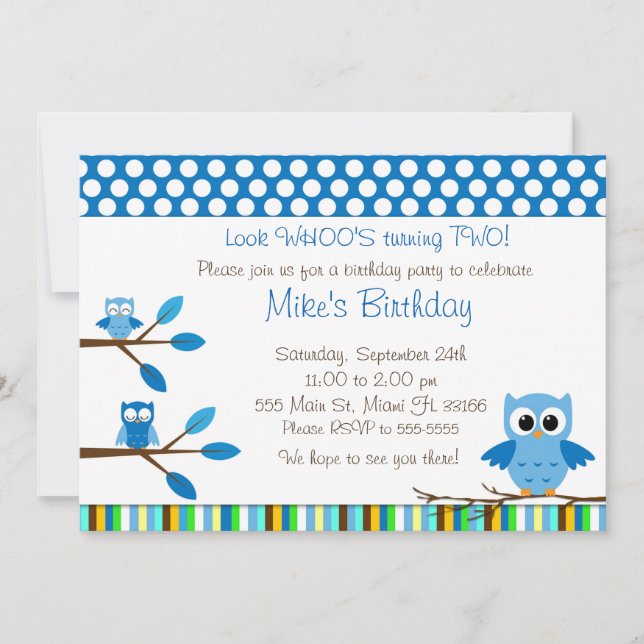 Owl Blue Brown Kids Birthday Party Invitation (Front)