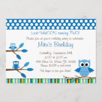 Owl Blue Brown Kids Birthday Party Invitation