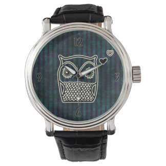 Owl Blue Grunge Leather Straps Watch