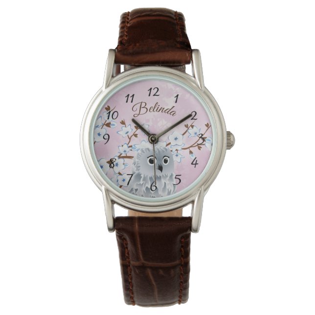 Owl Blue Pink Cherry Blossoms Numbers Monogram Watch (Front)