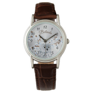Owl Blue Silver Cherry Blossoms Numbers Monogram Watch
