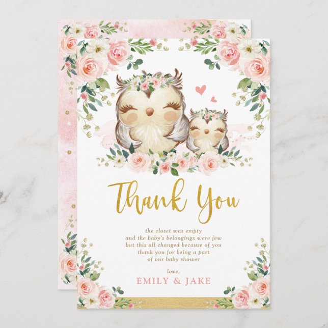 Owl Blush Pink Roses Baby Shower Thank You Card (Front/Back)