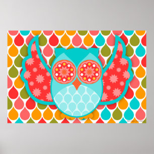 Owl Boheme Red & Teal Art Poster