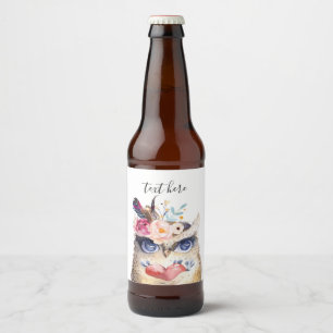 OWL , bohemian, boho floral Beer Bottle Label