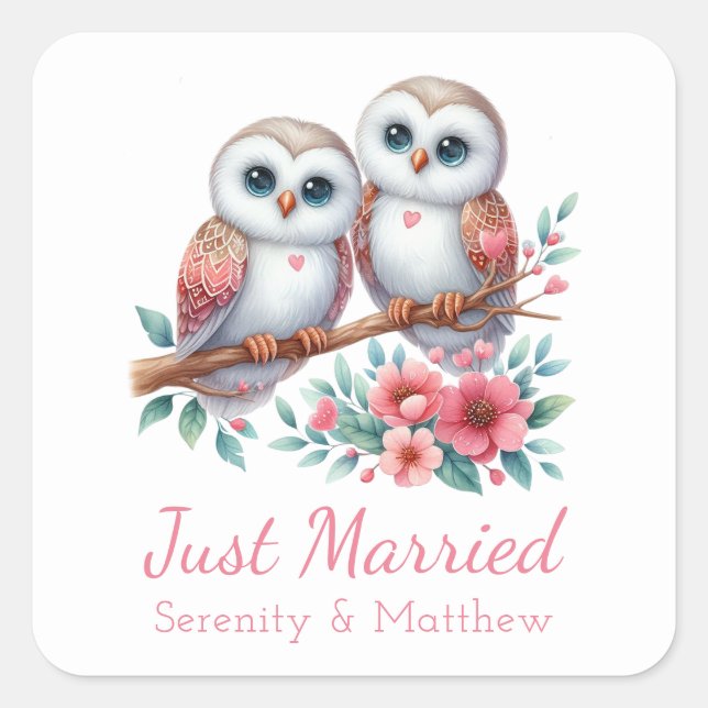 Owl Boho Rustic Country Woodland Just Married Square Sticker (Front)