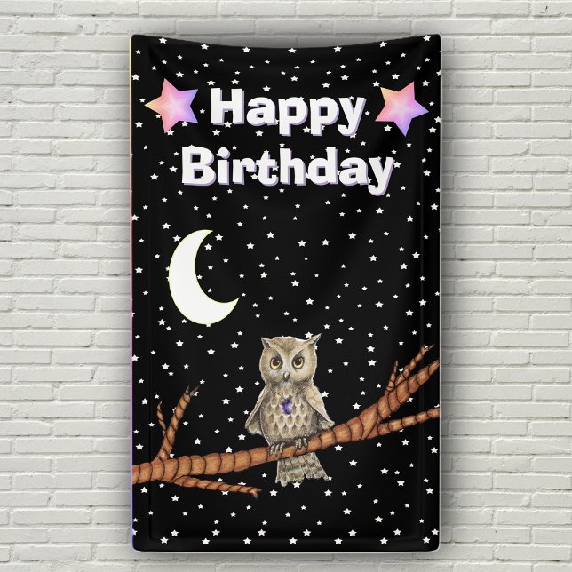 Owl Branch Purple Crystal Moon Stars Birthday Banner (Owl on branch moon stars crystal necklace on Happy Birthday black party backdrop.)