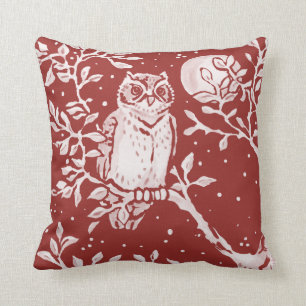 Owl Brick Red Woodland Moon Nature Throw Pillow