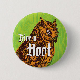 Owl Button Orange Green Woodgrain
