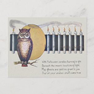Owl Candles Full Moon Vintage Halloween Postcard