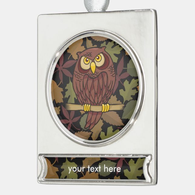 Owl Cartoon Silver Plated Banner Ornament (Left)