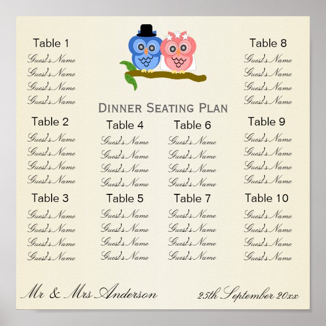 Owl Champagne Wedding Seating Plan Poster (Front)