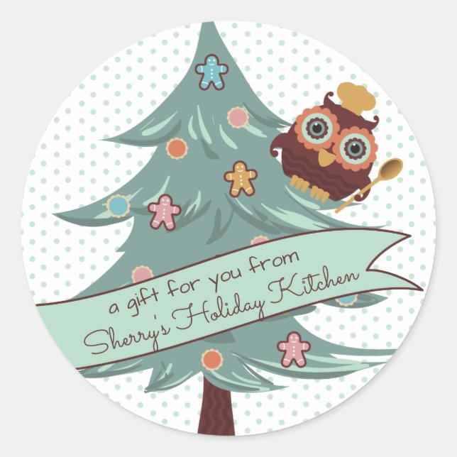 Owl chef cookie Christmas tree holiday baking Classic Round Sticker (Front)