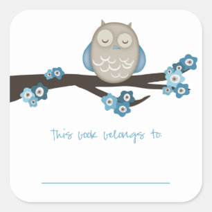 Owl & Cherry Blossoms {Blue}   Bookplates Square Sticker