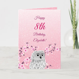 Owl Cherry Blossoms Happy Birthday Pink Glitter Card