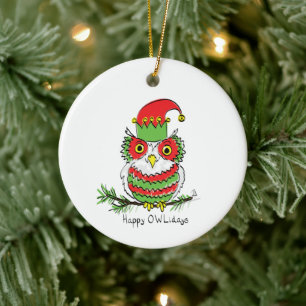 Owl Christmas Cute Funny Holiday Ceramic Ornament