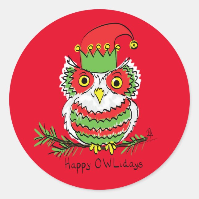 Owl Christmas Cute Funny Holiday Classic Round Sticker (Front)