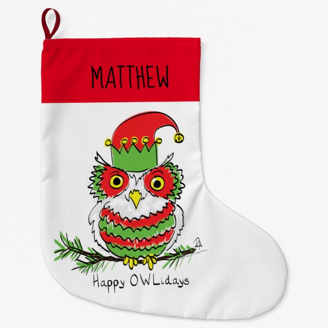 Owl Christmas Cute Funny Holiday Kids Large Christmas Stocking (Front)