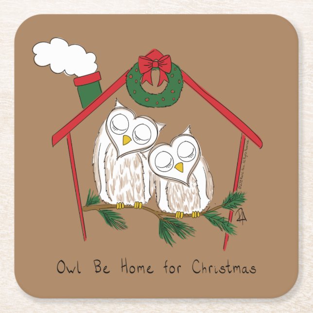 Owl Christmas Cute Funny Holiday Square Paper Coaster (Front)