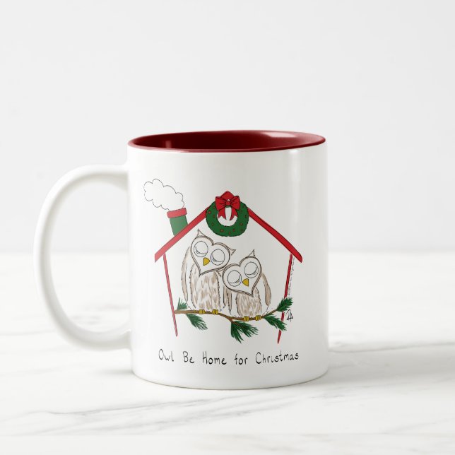 Owl Christmas Cute Funny Holiday Two-Tone Coffee Mug (Left)
