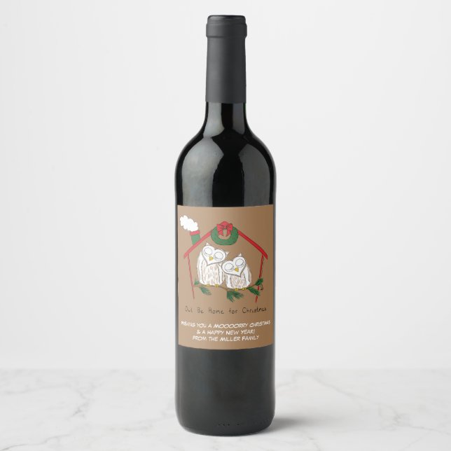 Owl Christmas Cute Funny Holiday Wine Label (Front)