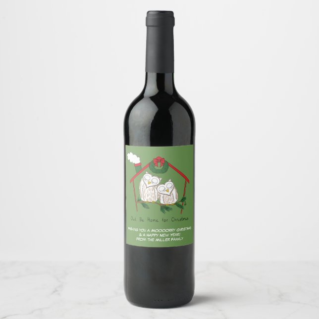 Owl Christmas Cute Kids Wine Label (Front)