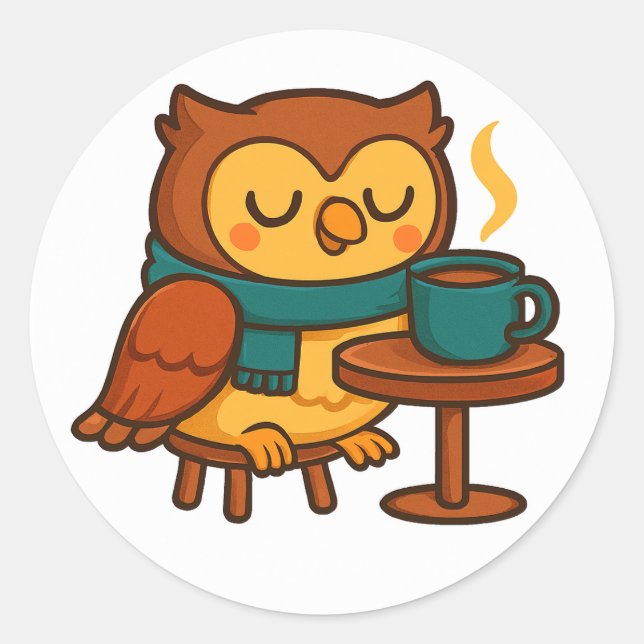 Owl Coffee Break (White Background Glossy) Sticker (Front)