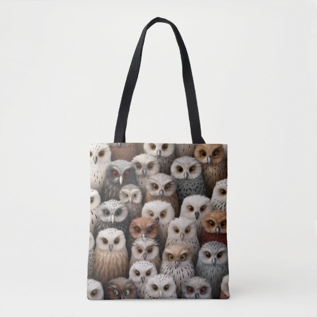 Owl Collage Tote Bag in Browns, Blacks, and Creams (Front)