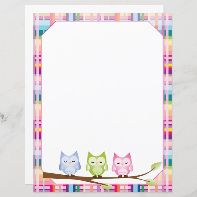 Owl Colored Plaid Bordered Paper Sheet (Front/Back)