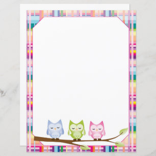 Owl Colored Plaid Bordered Paper Sheet
