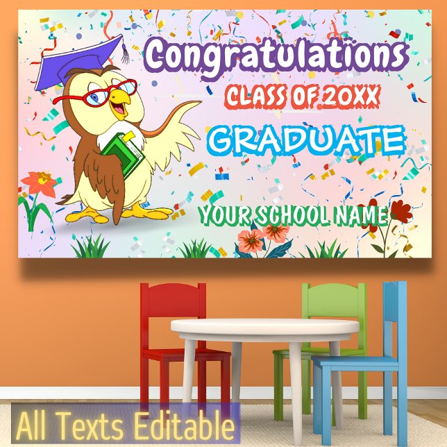 Owl Confetti Fun Colourful Happy Graduation Party Banner (Creator Uploaded)
