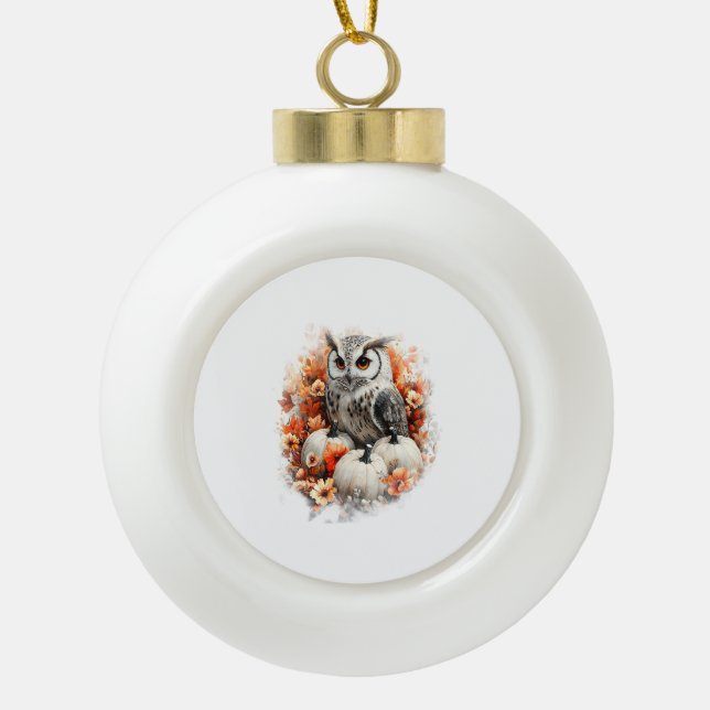 Owl Country Pumpkin Ceramic Ball Christmas Ornament (Front)