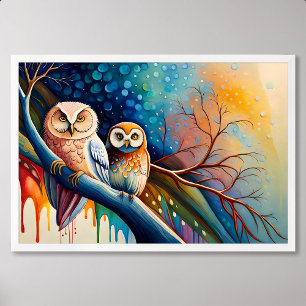 owl couple colorful watercolor twigs drip paint poster
