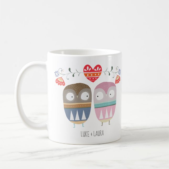 Owl Couple Fun graphic art couple gift Custom Name Coffee Mug (Left)