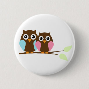 Owl couple on a branch 6 cm round badge