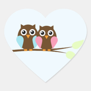 Owl couple on a branch heart sticker