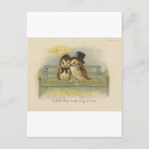 owl couple on bench postcard