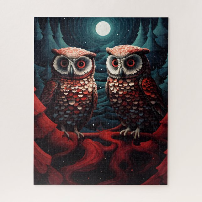 Owl couple pines and snow jigsaw puzzle (Vertical)