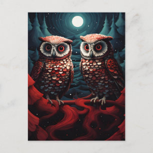 Owl couple pines and snow postcard
