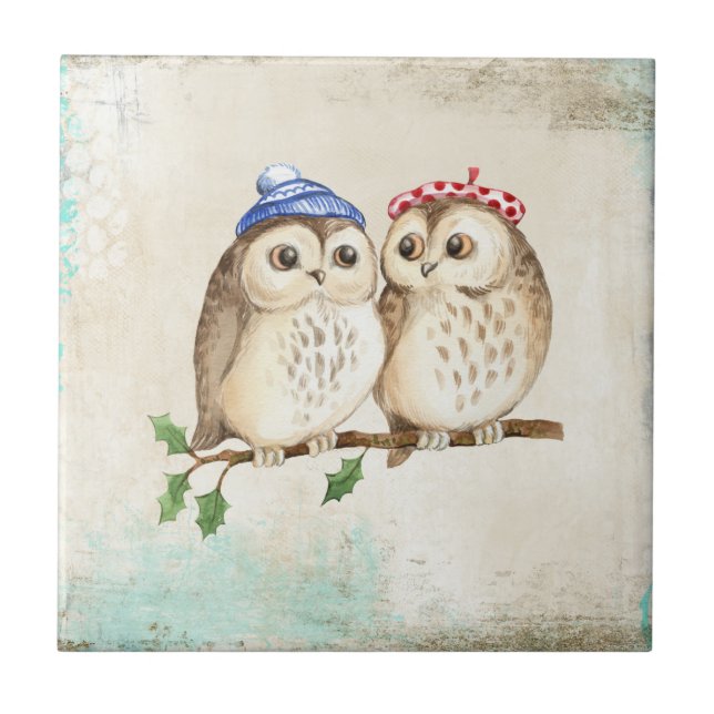 Owl couple with colourful scarfs on a tree branch. ceramic tile (Front)