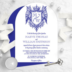 Owl Crest Royal Monogram Arch Wedding Invitation