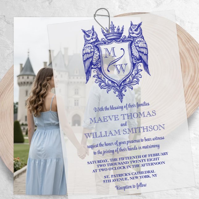 Owl Crest Royal Monogram Wedding Vellum Overlay Invitations (Creator Uploaded)