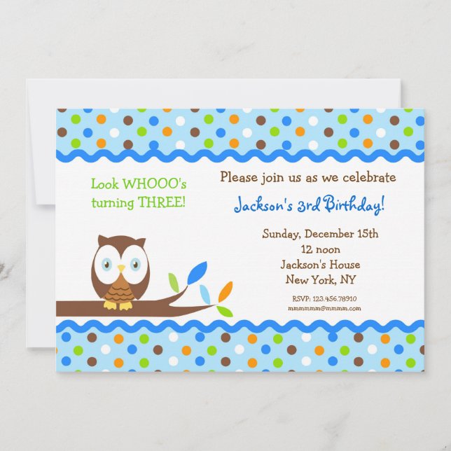 Owl Custom Birthday Party Invitations Boy (Front)