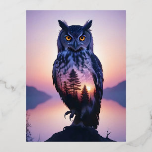 Owl Double Exposure Animal Nature Wilderness Free Foil Holiday Postcard